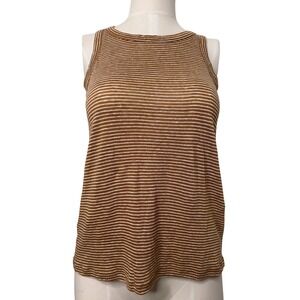 Tahari Womens Brown White Striped 100% Linen Knit Tank Top Sleeveless Small